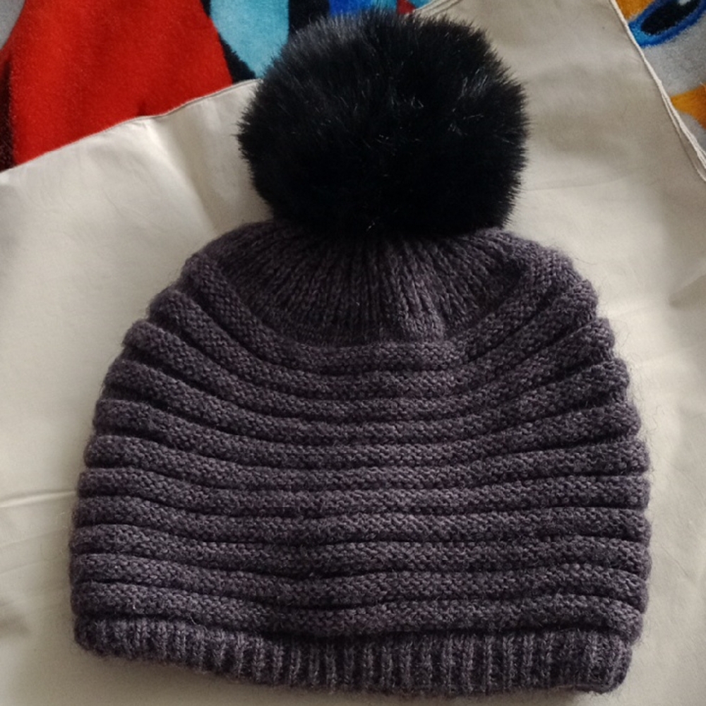 Black and Gray Knit Hat with Pom-Pom
